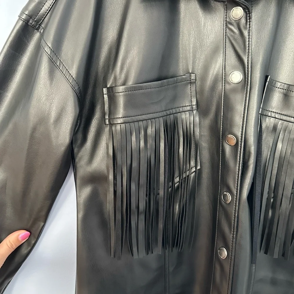 Blank NYC Women’s Lonestar Oversized Vegan Leather Fringe Shirt Jacket S Black - Picture 7 of 11